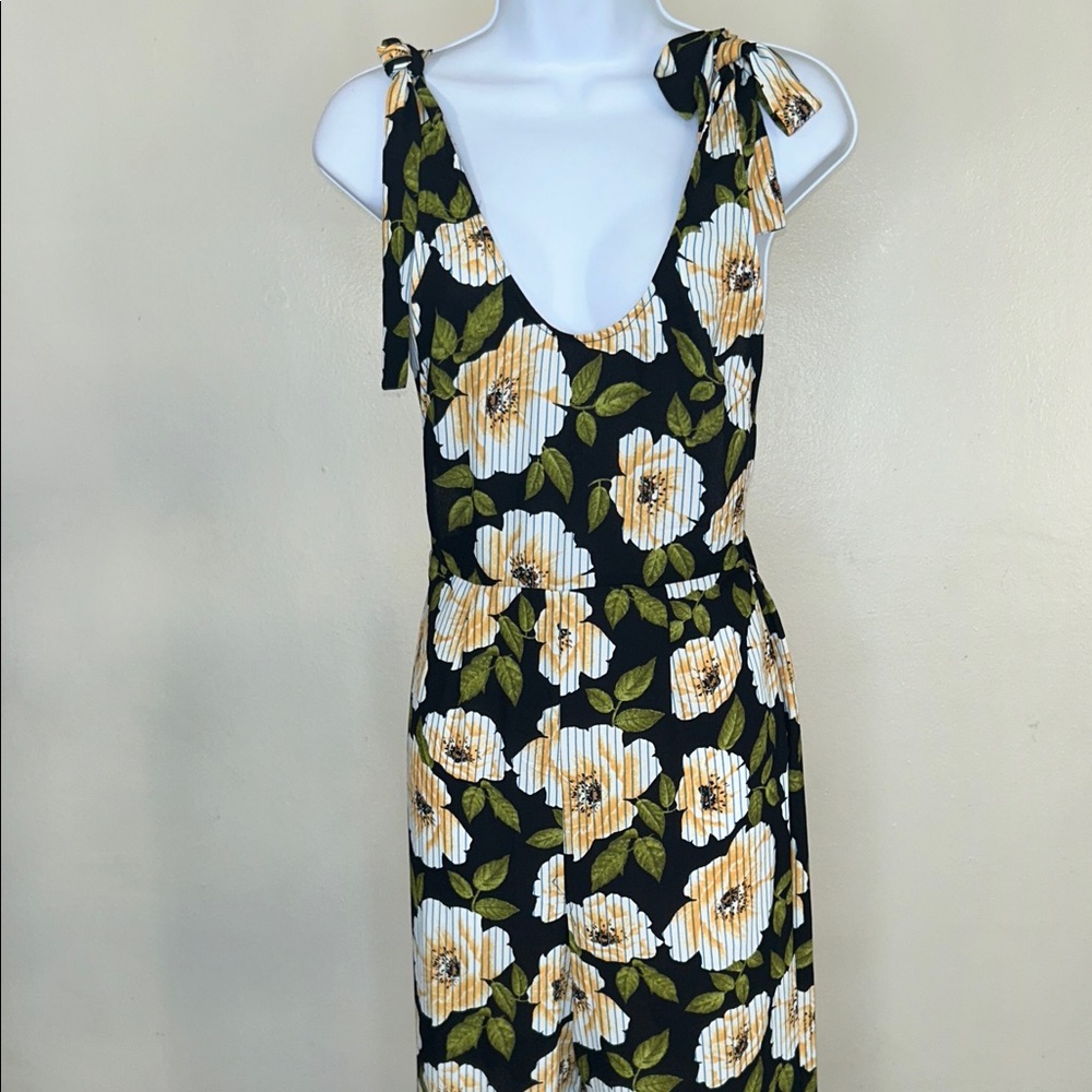 Forever 21 Black Floral Tie-Shoulder Jumpsuit with Yellow and Green Print